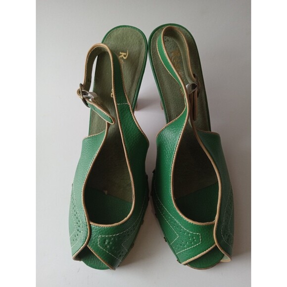 VTG Restricted Huntington Size 11 Green & Wood Riveted Peep Toe Heels - Picture 3 of 14